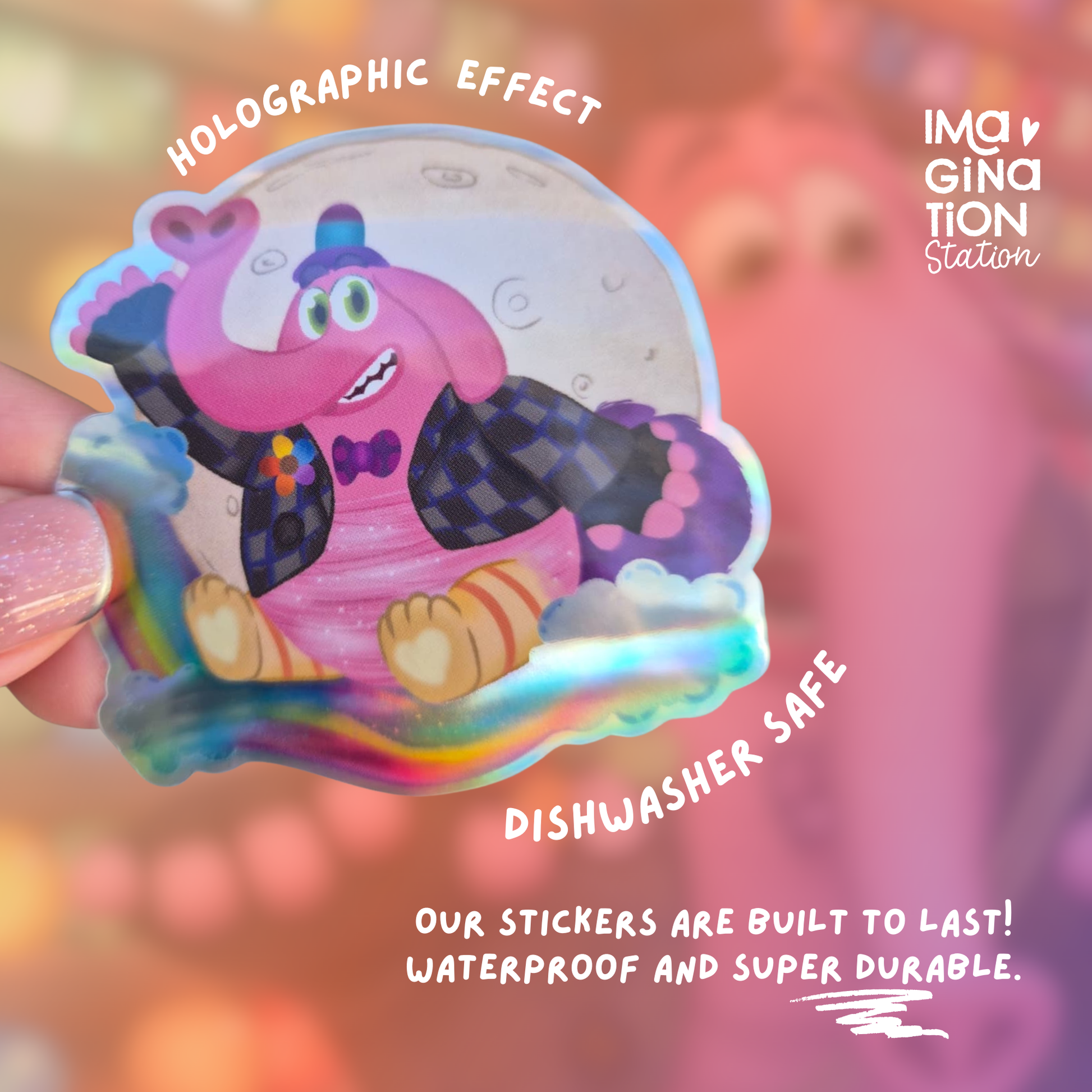 Holographic sticker of a cartoon character with text about holographic effect, dishwasher safety, and durability.