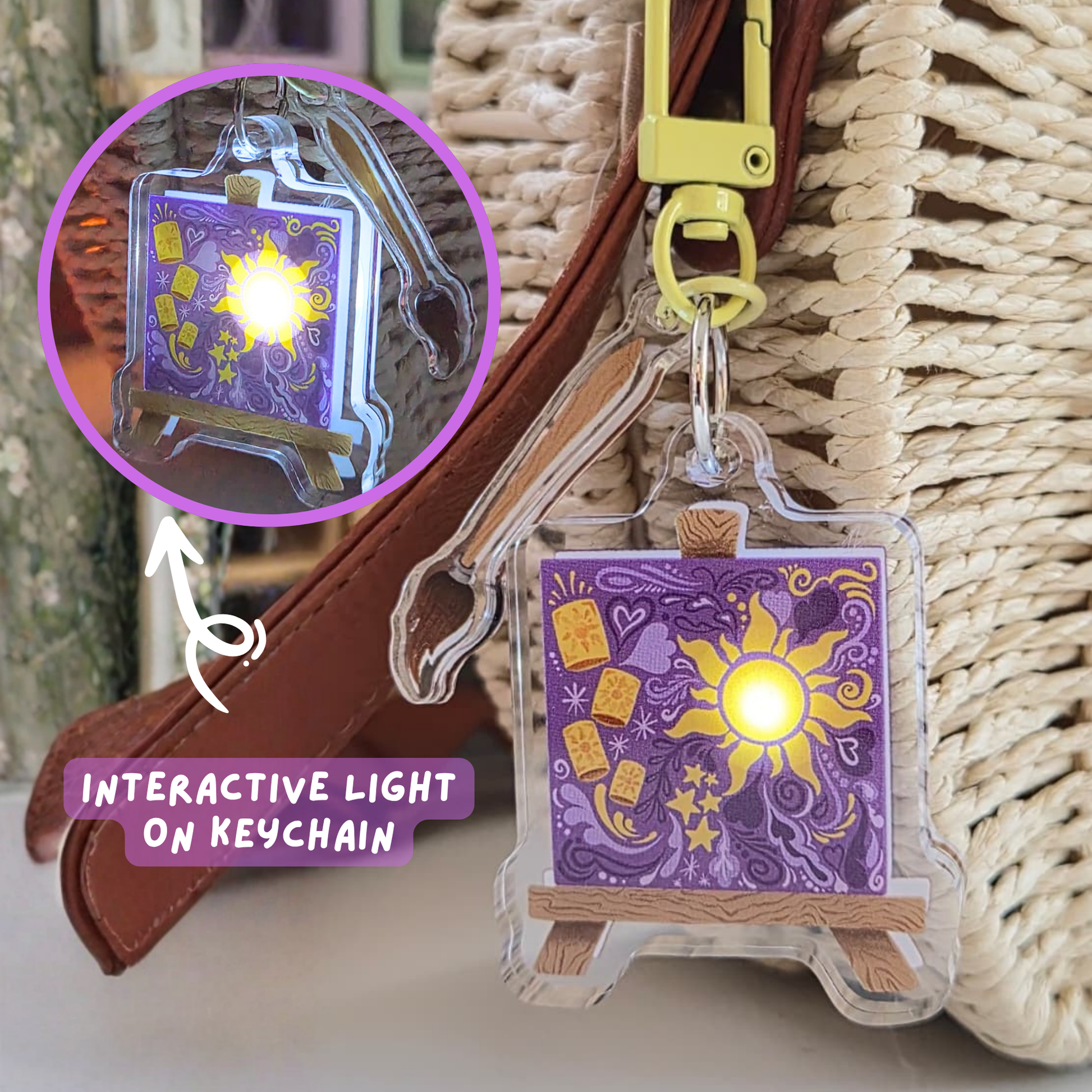 Tangled lantern keychain glowing in dark – Rapunzel light up acrylic Disney bag charm