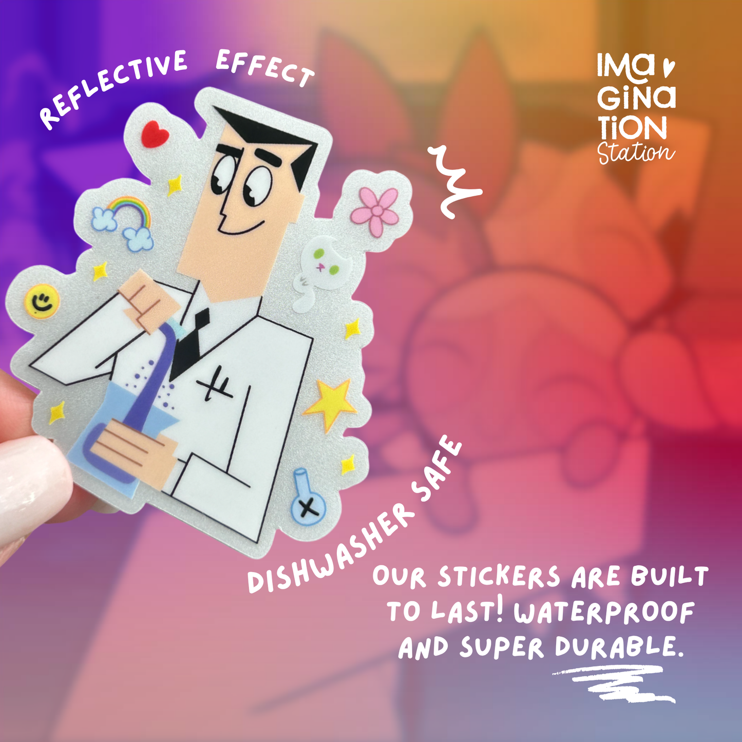 Professor Utonium sticker on water bottle – Powerpuff Girls reflective glossy 90s vinyl