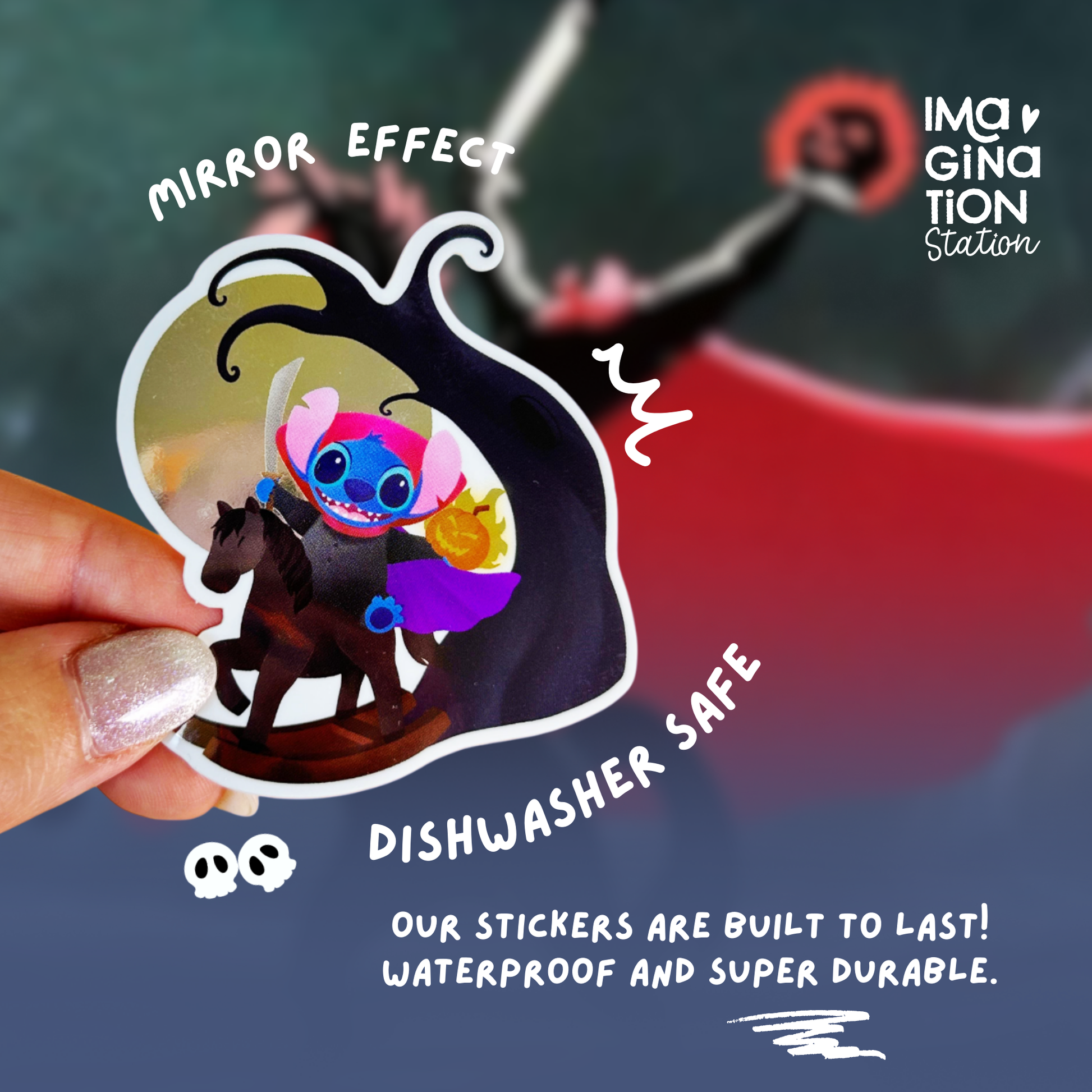 Stitch Halloween sticker held by hand – mirror glossy Disney spooky vinyl decal