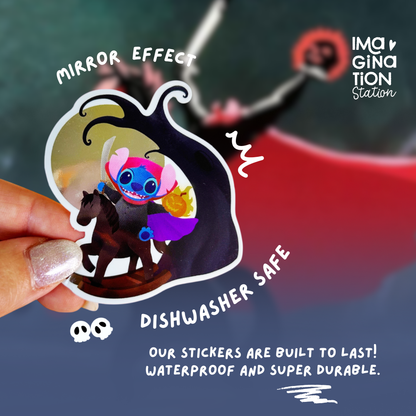 Stitch Halloween sticker held by hand – mirror glossy Disney spooky vinyl decal