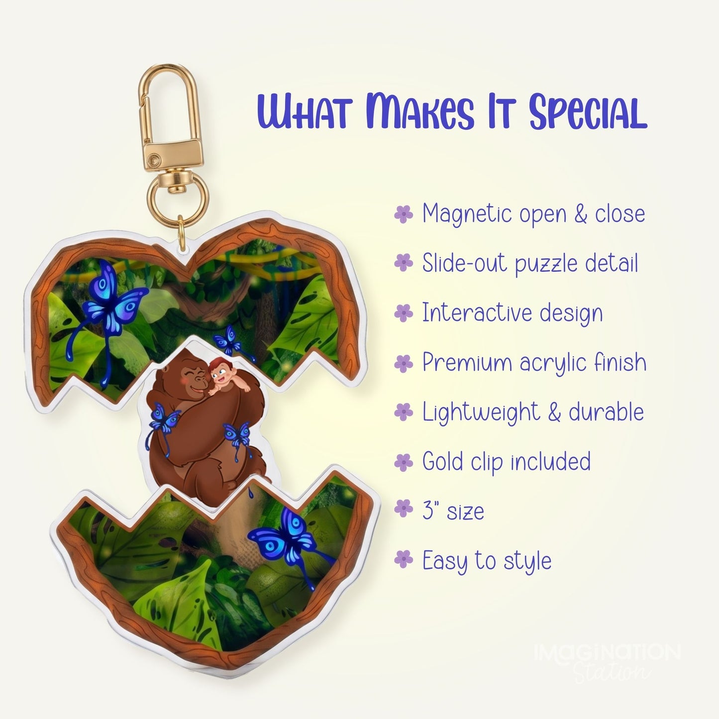 Tarzan keychain on bag – openable magnetic Disney charm clip attached to backpack