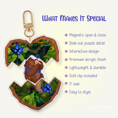 Tarzan keychain on bag – openable magnetic Disney charm clip attached to backpack