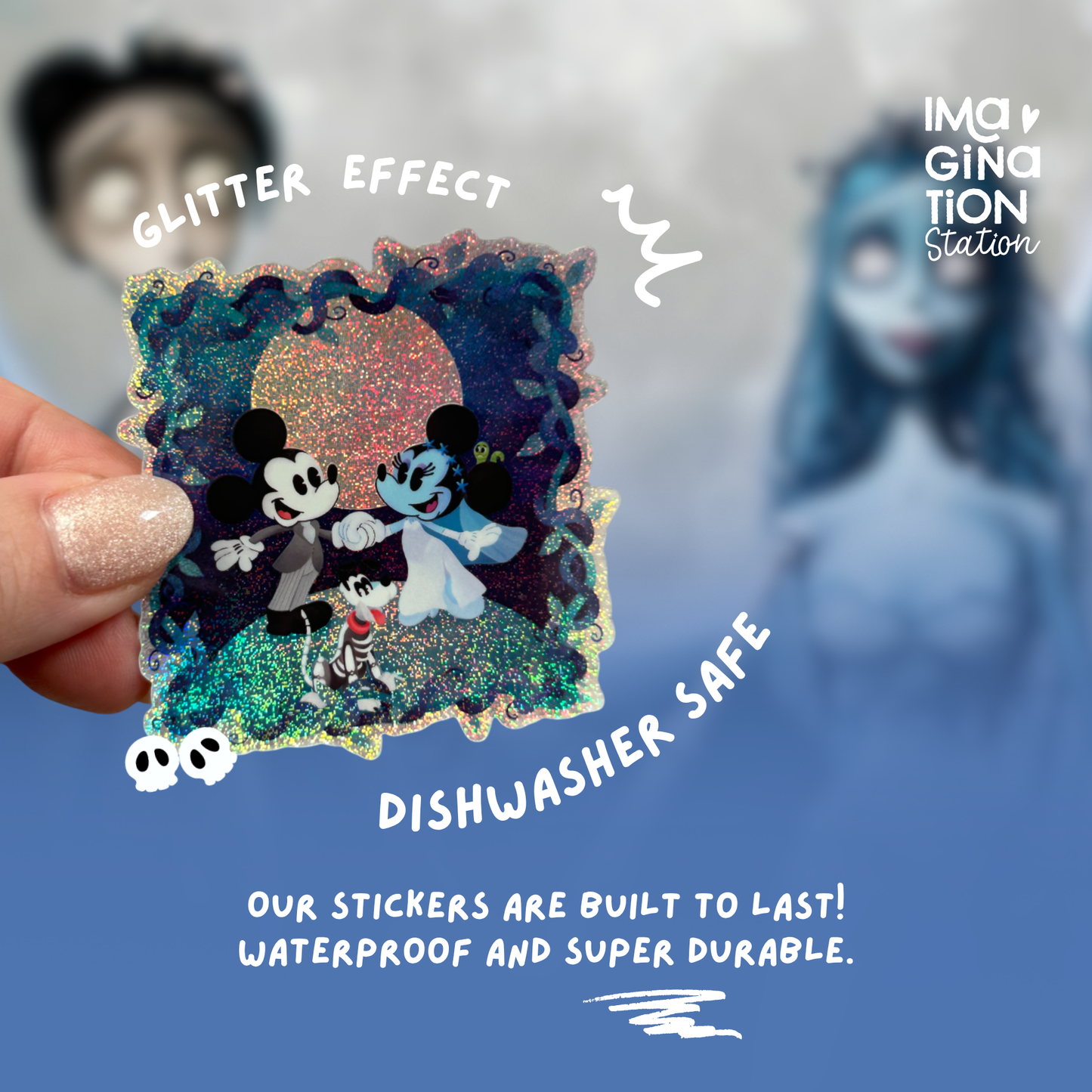 Mickey Minnie Pluto Halloween sticker held by hand – pixie dust Disney spooky vinyl