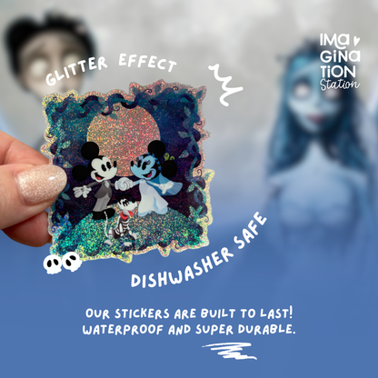 Mickey Minnie Pluto Halloween sticker held by hand – pixie dust Disney spooky vinyl