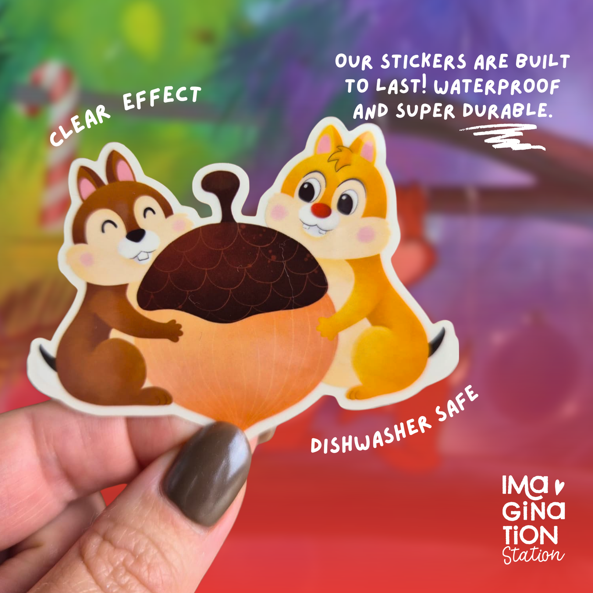Chip and Dale sticker on water bottle – clear glossy Disney chipmunk duo vinyl decal