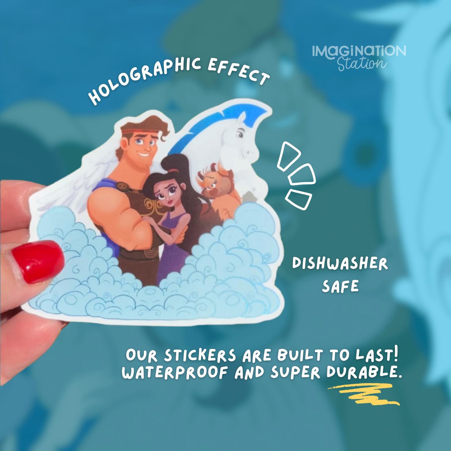 Hercules Meg Pegasus Phil holographic matte sticker held by hand – 3 x 2.8 inch Disney vinyl
