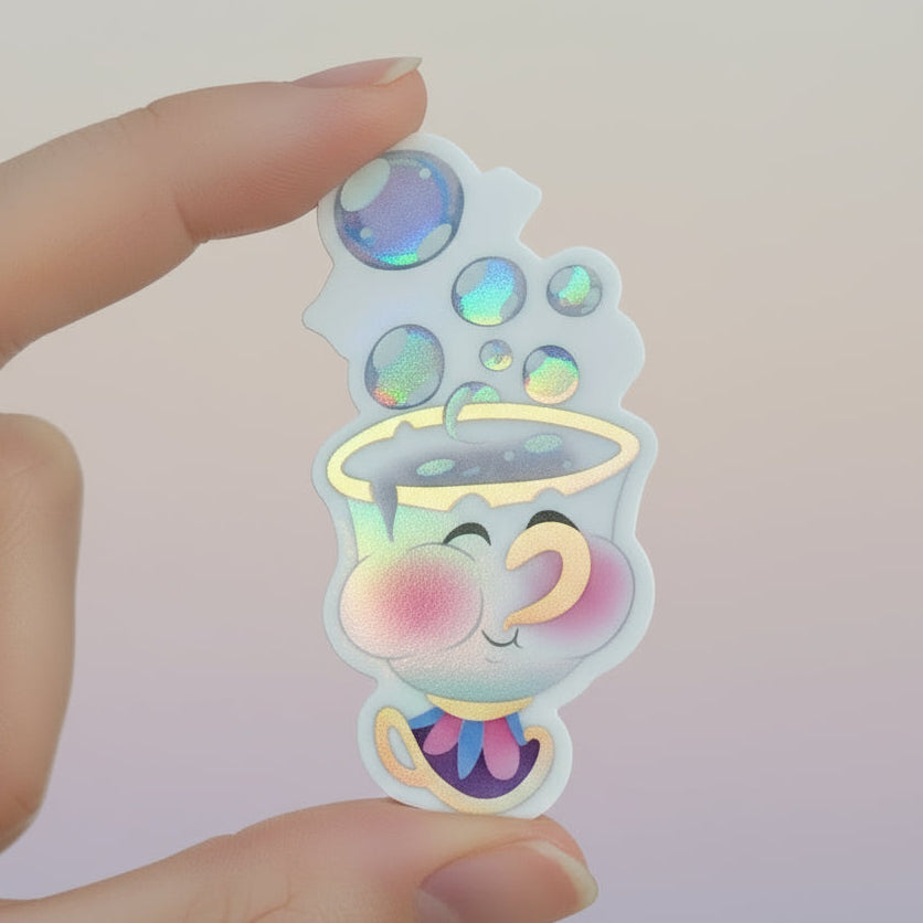 Sticker of a character with a colorful hat and rainbow on a gradient background with 'Chip Potts Sticker' text.