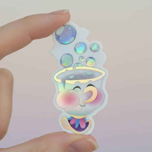 Sticker of a character with a colorful hat and rainbow on a gradient background with 'Chip Potts Sticker' text.