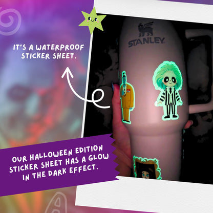 Glow-in-the-dark Halloween stickers on a person's arm with text about waterproof and glow-in-the-dark properties.