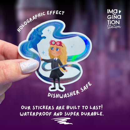 Luna Lovegood Harry Potter holographic sticker held by hand – Ravenclaw waterproof vinyl