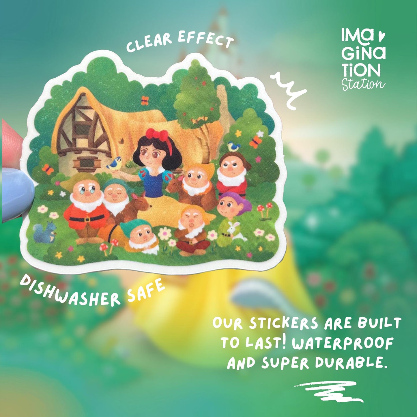 Snow White Seven Dwarfs sticker held by hand – 2.4 x 2 inch clear glossy waterproof vinyl