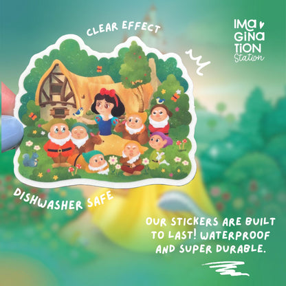 Snow White Seven Dwarfs sticker held by hand – 2.4 x 2 inch clear glossy waterproof vinyl