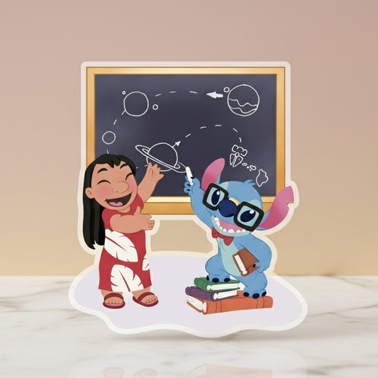 Sticker design of Lilo and Stitch with a chalkboard and space theme on a colorful background.