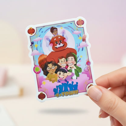 Sticker design of characters from 'Turning Red' with a colorful background