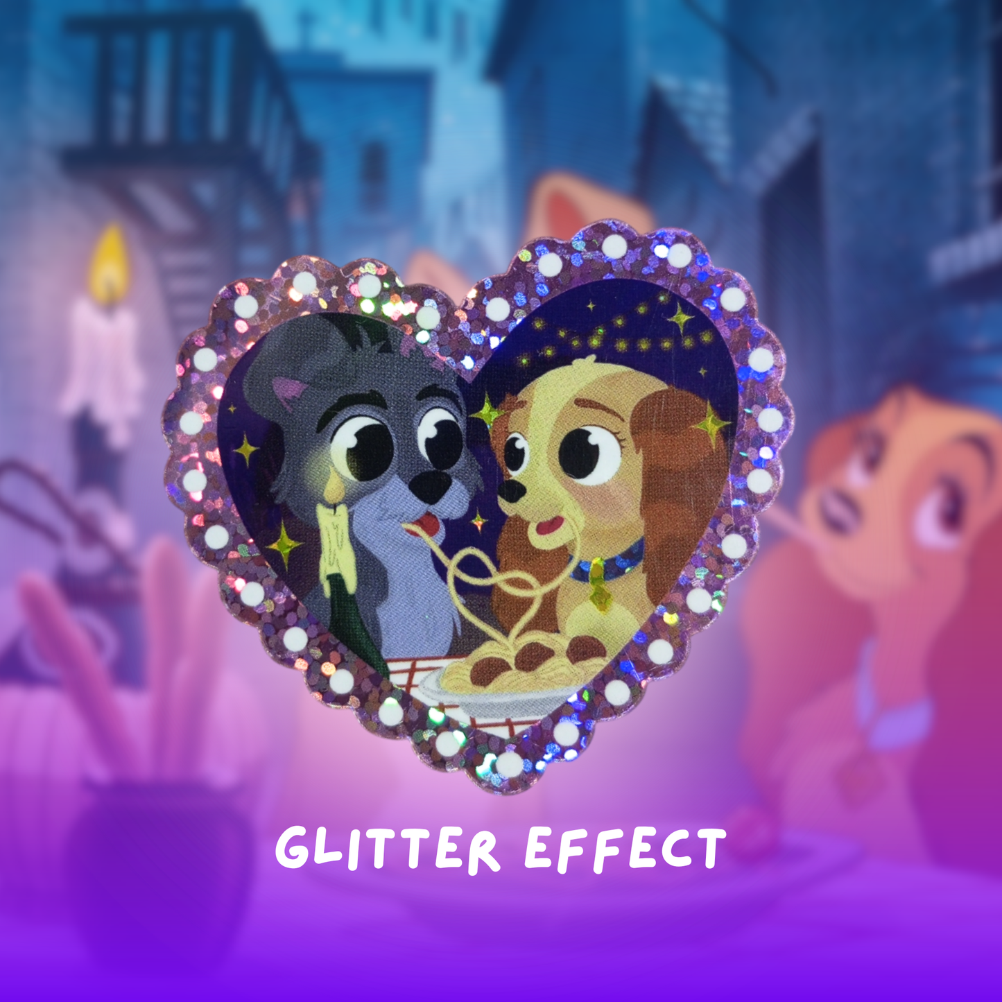 Heart-shaped frame with cartoon characters and glitter effect against a blurred background