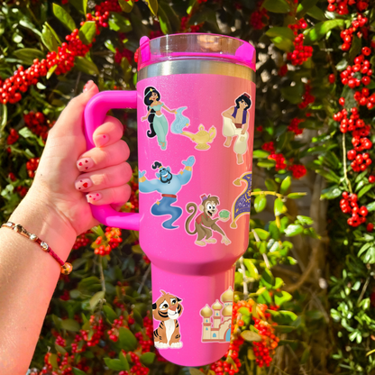 Aladdin 40oz tumbler with waterproof sticker – Stanley-style Disney magic carpet bundle