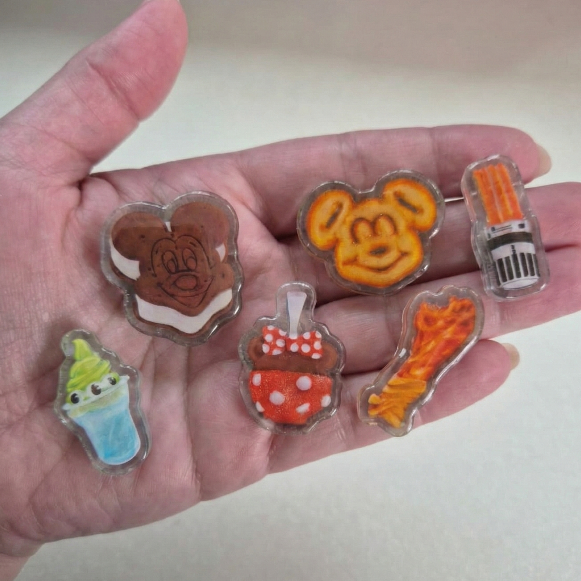 Disney Parks snacks shoe charm close up – acrylic Dole Whip churros croc charm