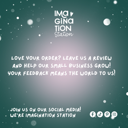 Call to action for feedback with 'Imagination Station' branding on a dark green background with white text.