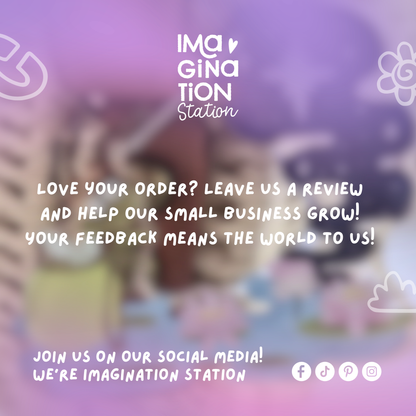 Promotional message from Imagination Station with blurred children playing in the background
