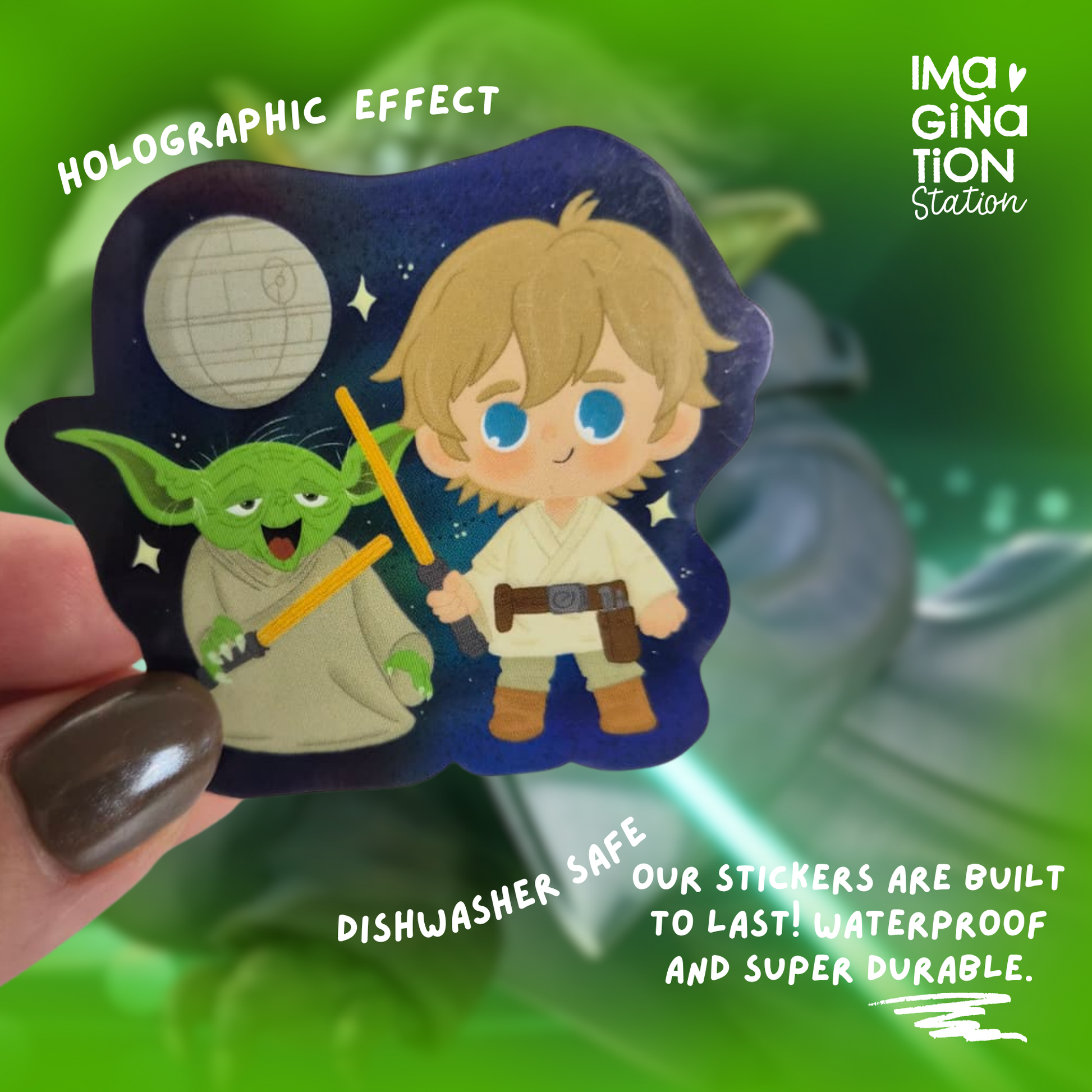 Sticker with cartoon characters and text about holographic effect, dishwasher safety, and durability.