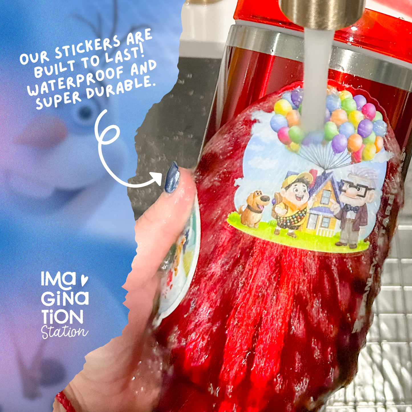 Red bottle with a colorful sticker being held, with text about sticker durability.