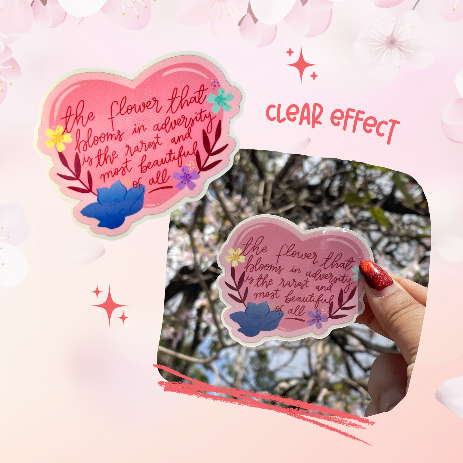 Pink heart-shaped sticker with floral design and text held by a hand against a blurred natural background.