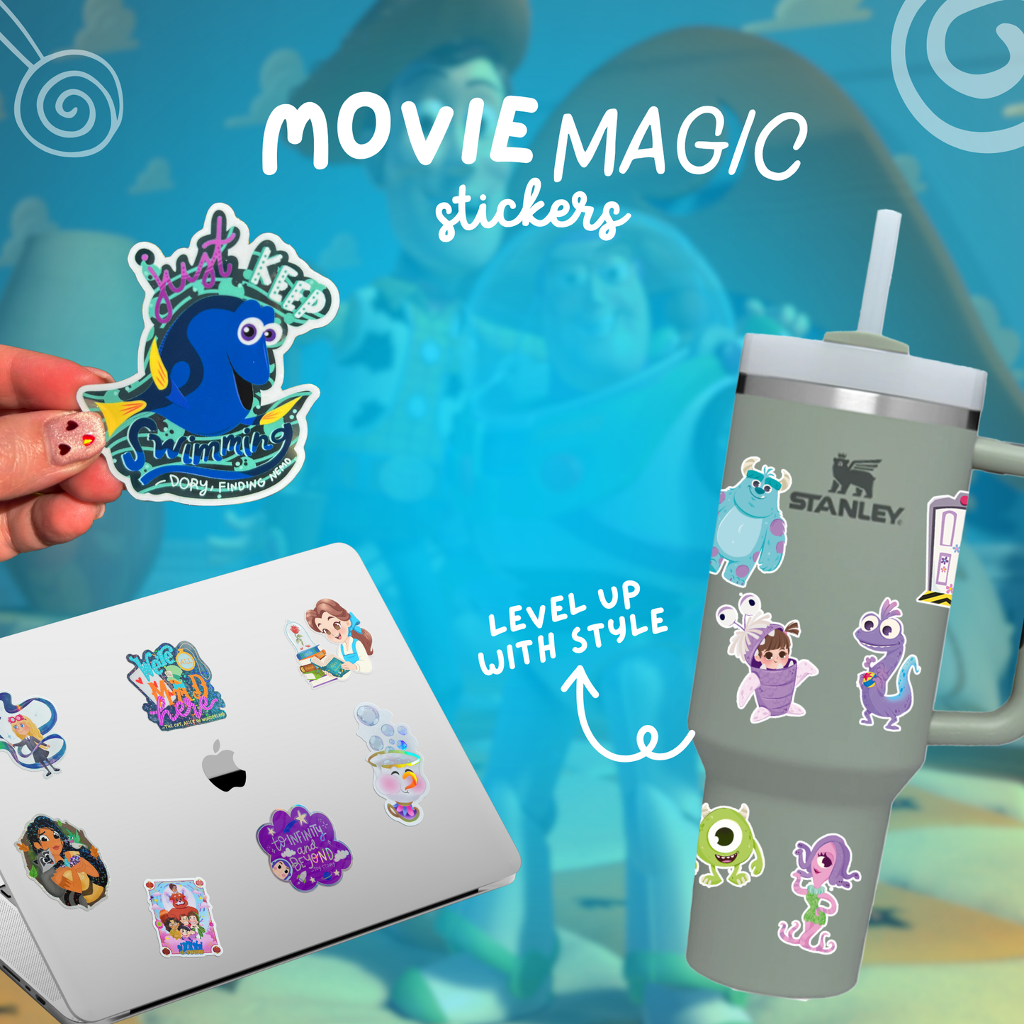 Movie-themed stickers on a laptop and tumbler with 'Movie Magic Stickers' text.