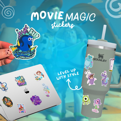 Movie-themed stickers on a laptop and tumbler with 'Movie Magic Stickers' text.