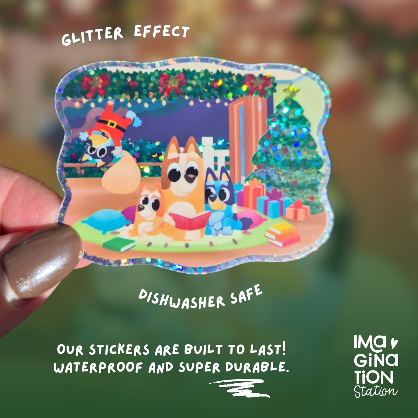 Sticker with cartoon dogs and glitter effect held by a hand, with text about durability and dishwasher safety.