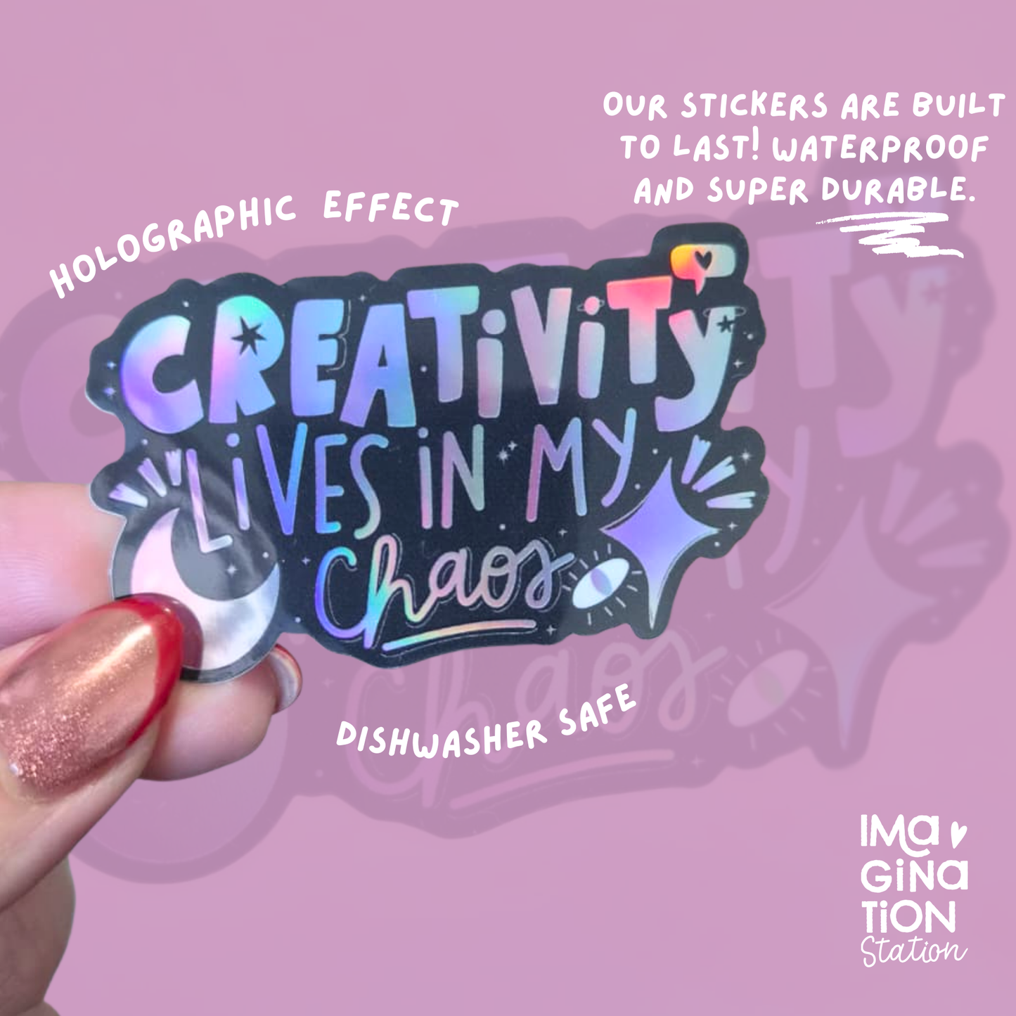 Creativity Lives in Chaos sticker on water bottle – holographic rainbow waterproof vinyl