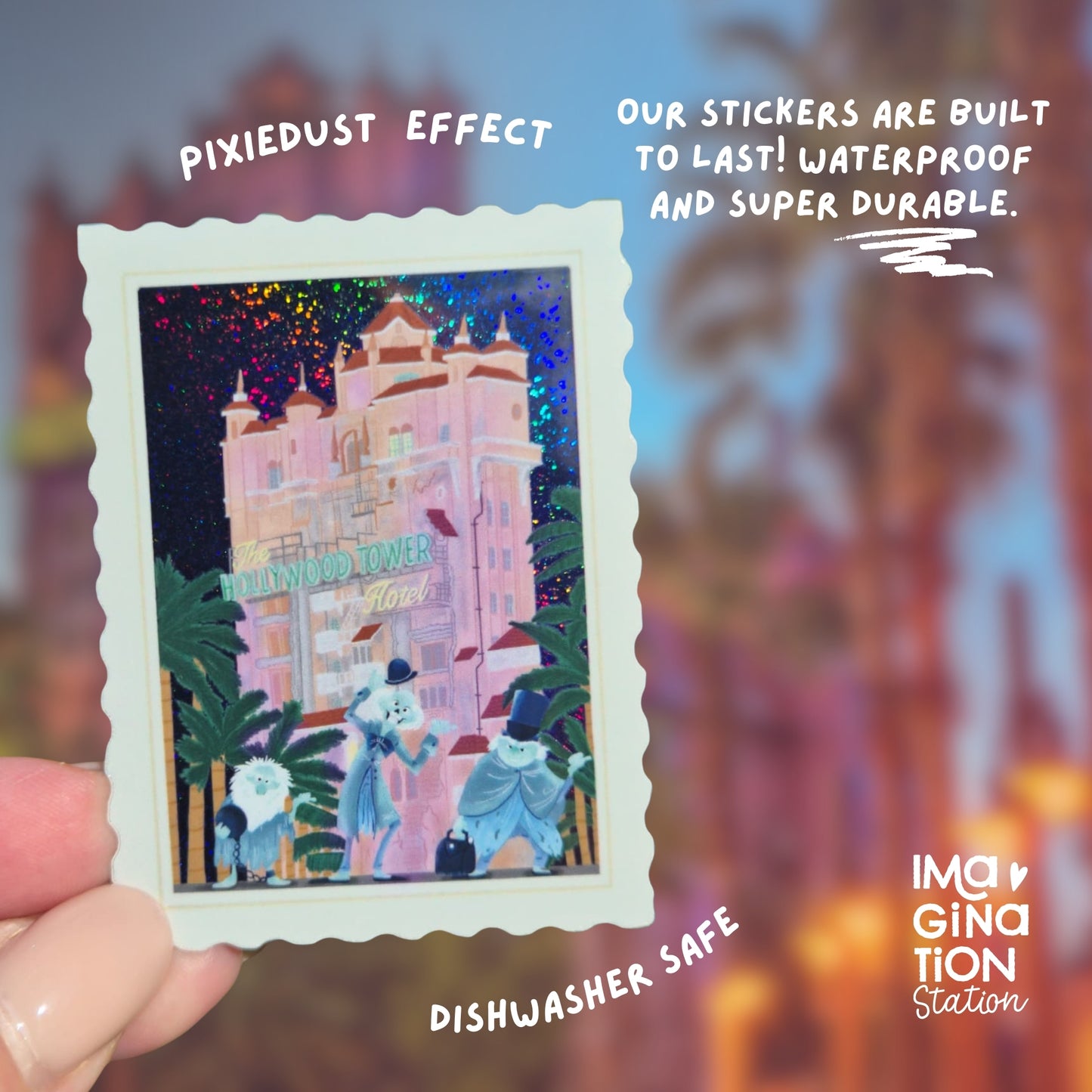 Sticker of a building with characters and text about sticker durability.