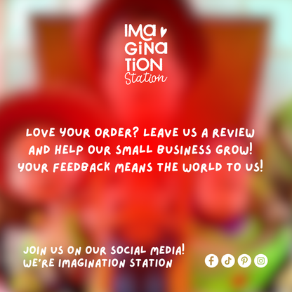 Blurred background with text encouraging feedback and social media engagement for Imagination Station.