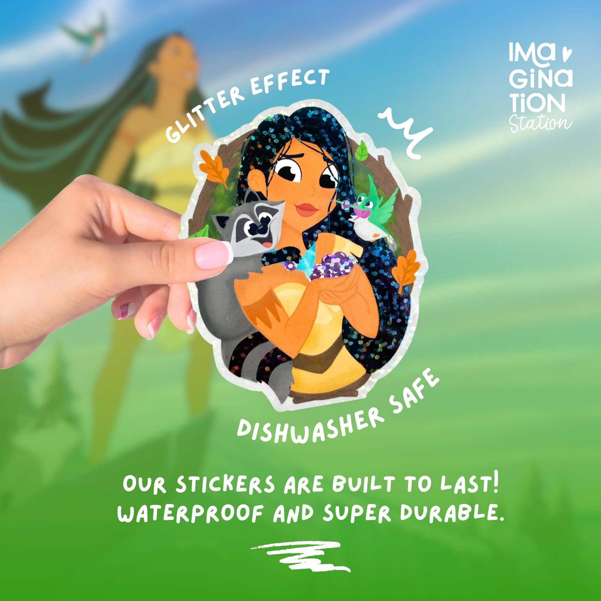 Pocahontas Disney princess sticker held by hand – 2.5 x 3 inch glitter glossy vinyl