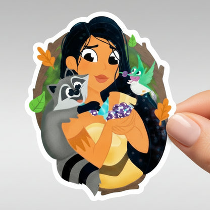 Pocahontas sticker with a raccoon on a green background, featuring the Imagination Station logo.