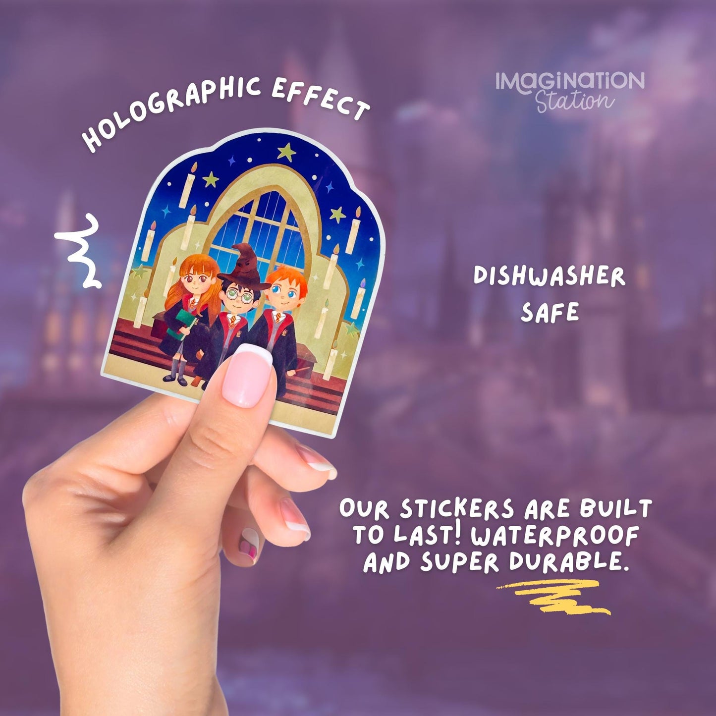 Harry Ron Hermione golden trio holographic sticker held by hand – Gryffindor waterproof vinyl