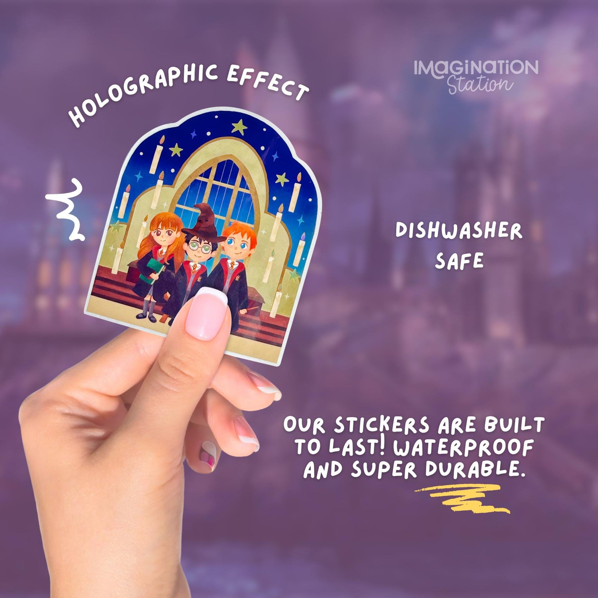 Harry Ron Hermione golden trio holographic sticker held by hand – Gryffindor waterproof vinyl