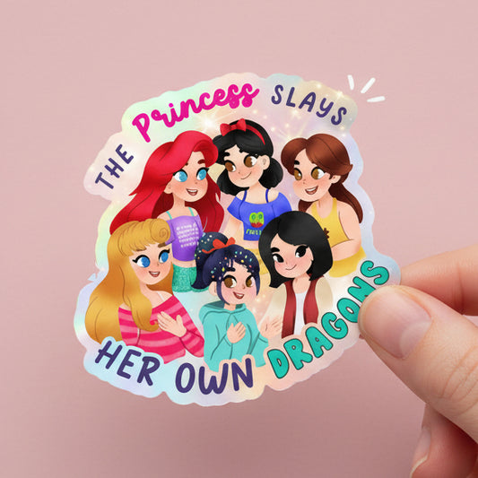 Sticker with cartoon princesses and text on a colorful background