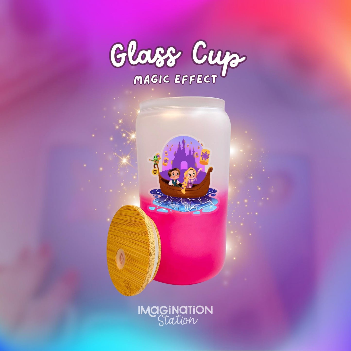 Glass cup with cartoon design on a colorful background, labeled 'Glass Cup Magic Effect' by Imagination Station.