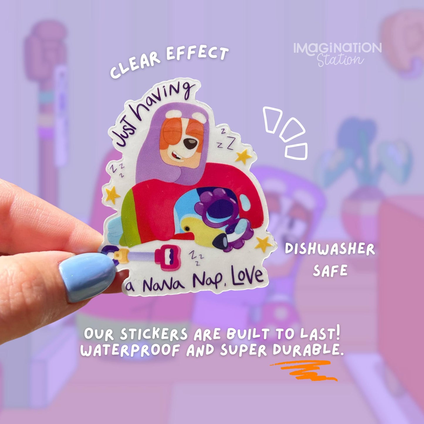 Bluey Nana Nap Grannies sticker held by hand – transparent glossy waterproof vinyl decal