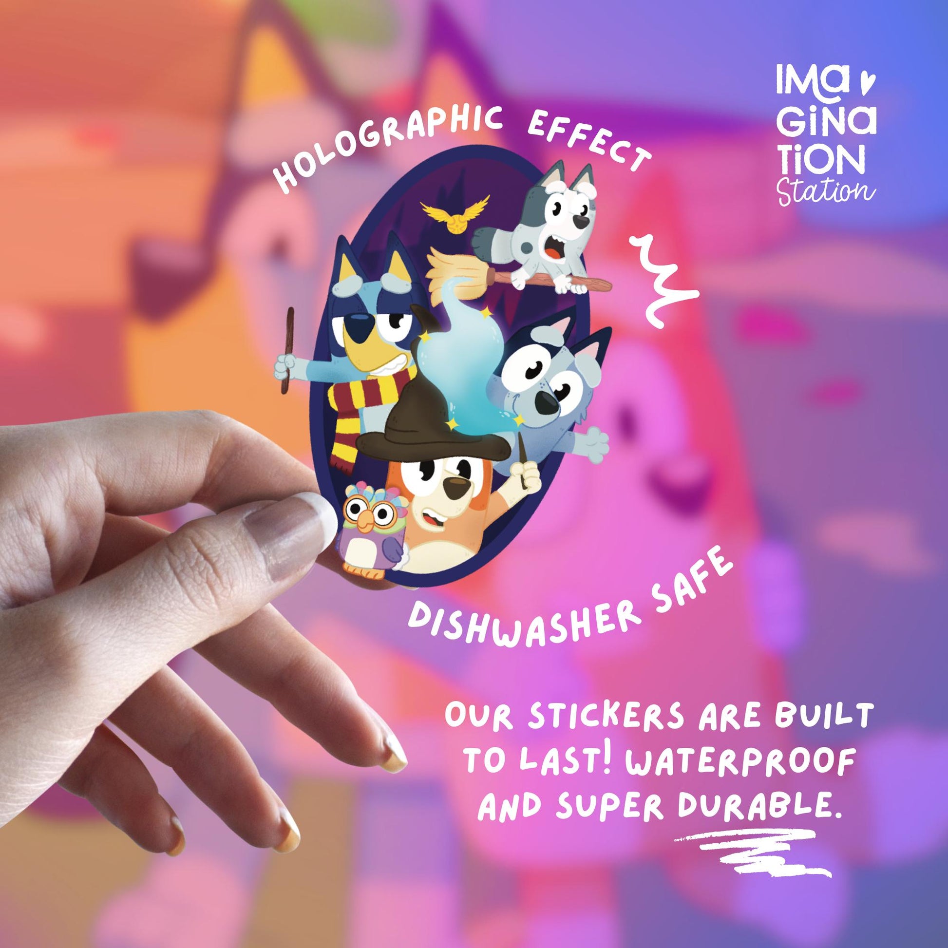 Bluey Harry Potter sticker on water bottle – 1.9 x 2.4 inch holographic Disney Potterhead vinyl