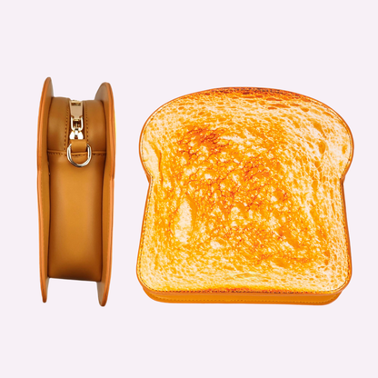 Chocolate toast novelty bag flat lay overhead showing full bread shape