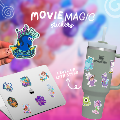 Movie-themed stickers on a laptop and tumbler with 'Movie Magic Stickers' text.