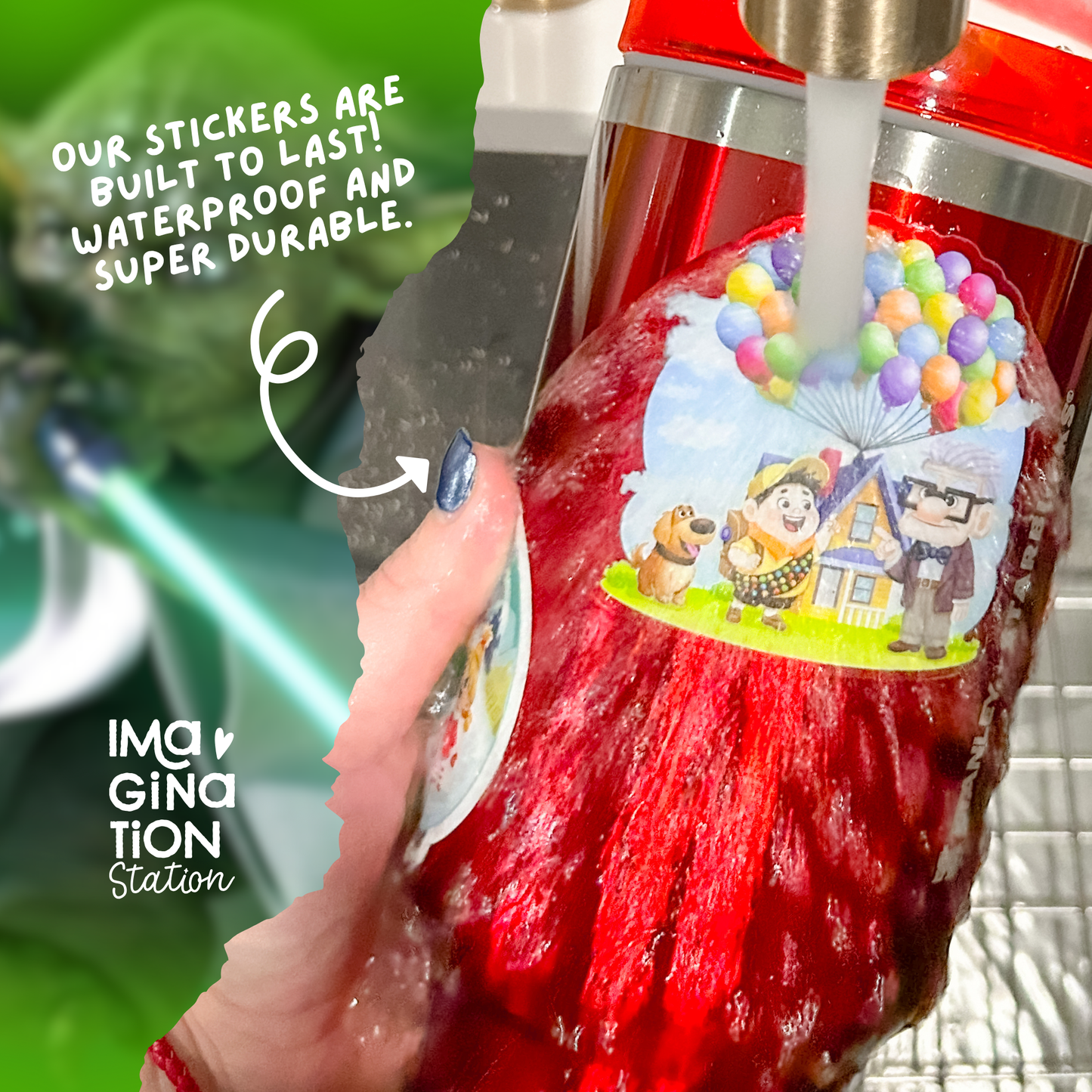 Red bottle with a colorful sticker being washed, with text about sticker durability.