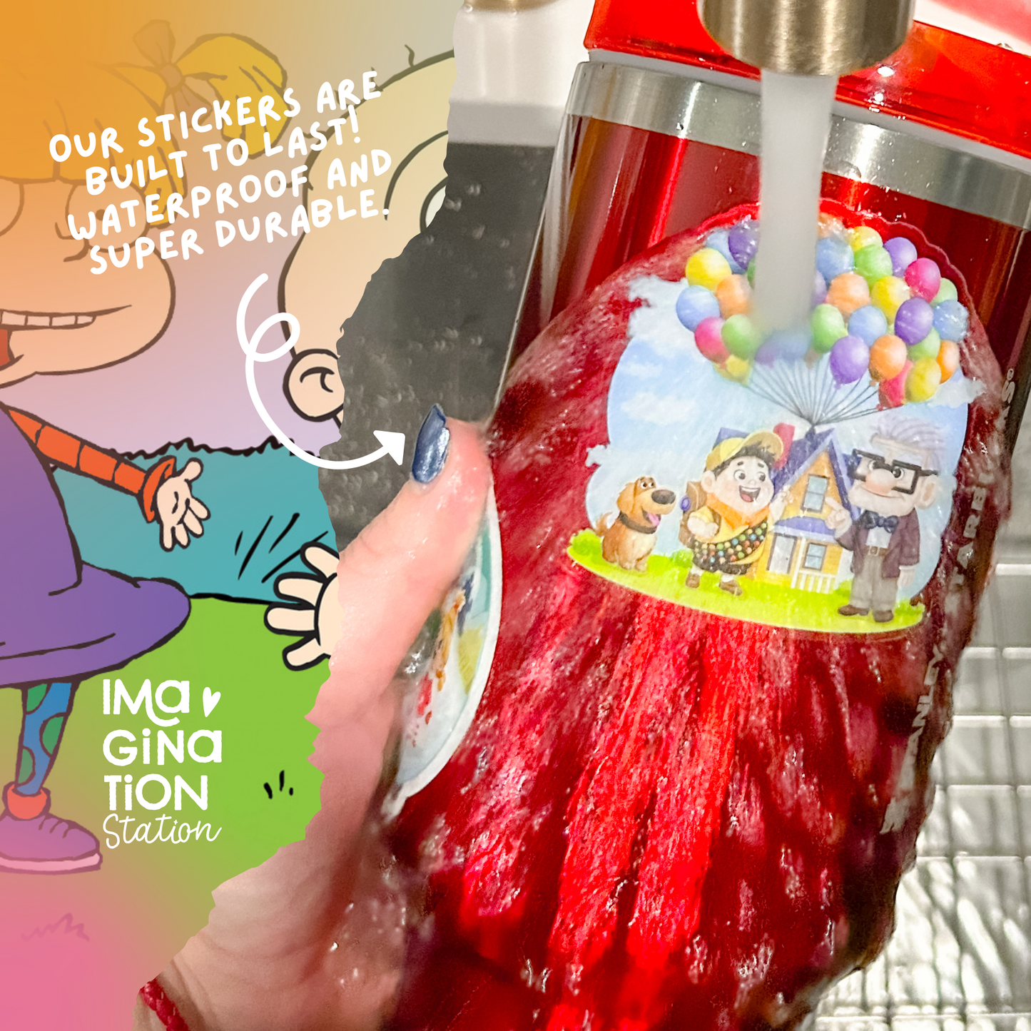 Baby Squad sticker on water bottle – transparent glossy 90s retro cartoon vinyl decal