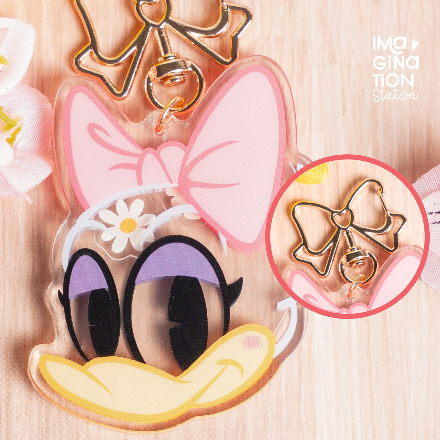 Daisy Duck shaker keychain lifestyle shot on bag