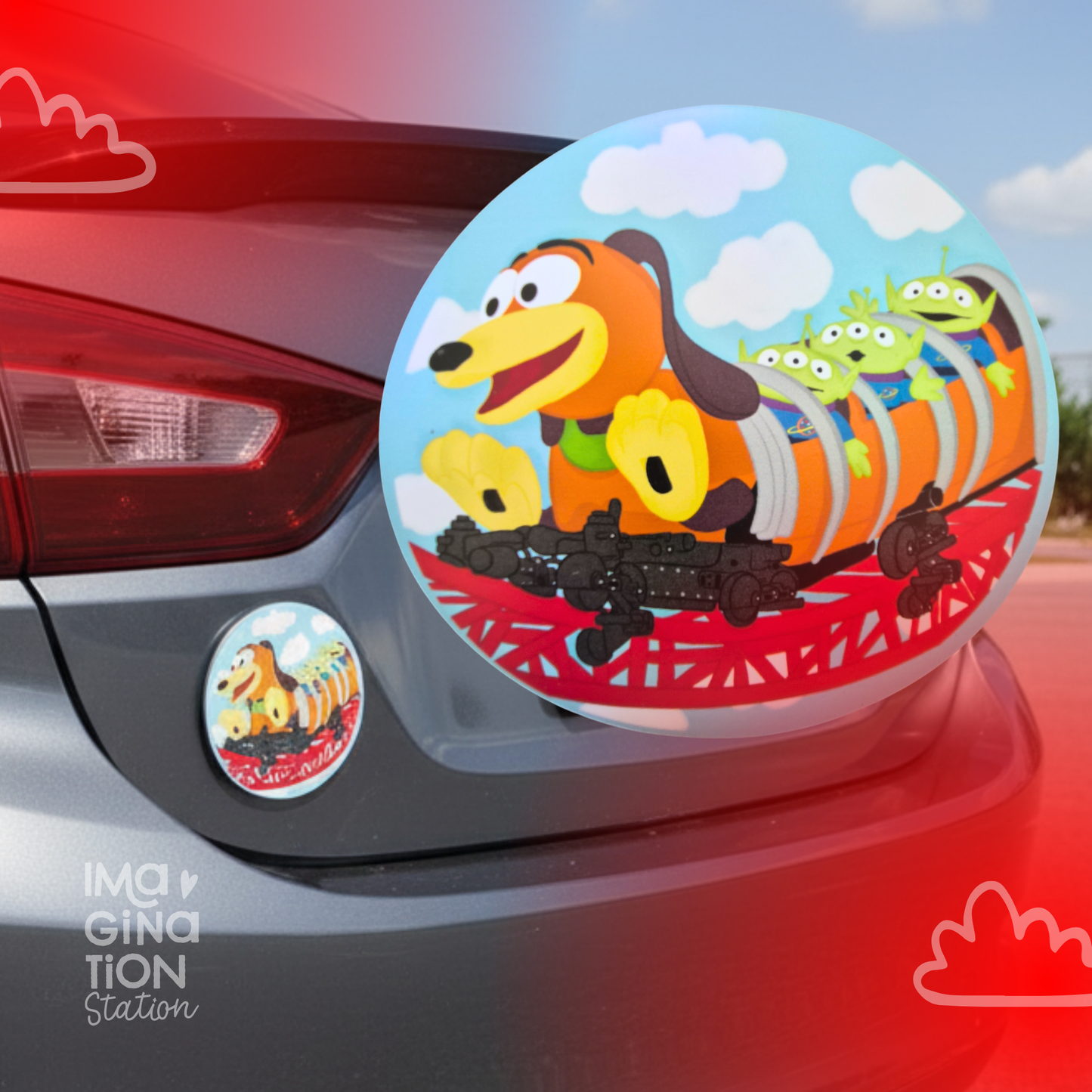 Car with a cartoon caterpillar design on the bumper, featuring characters from 'Toy Story'.