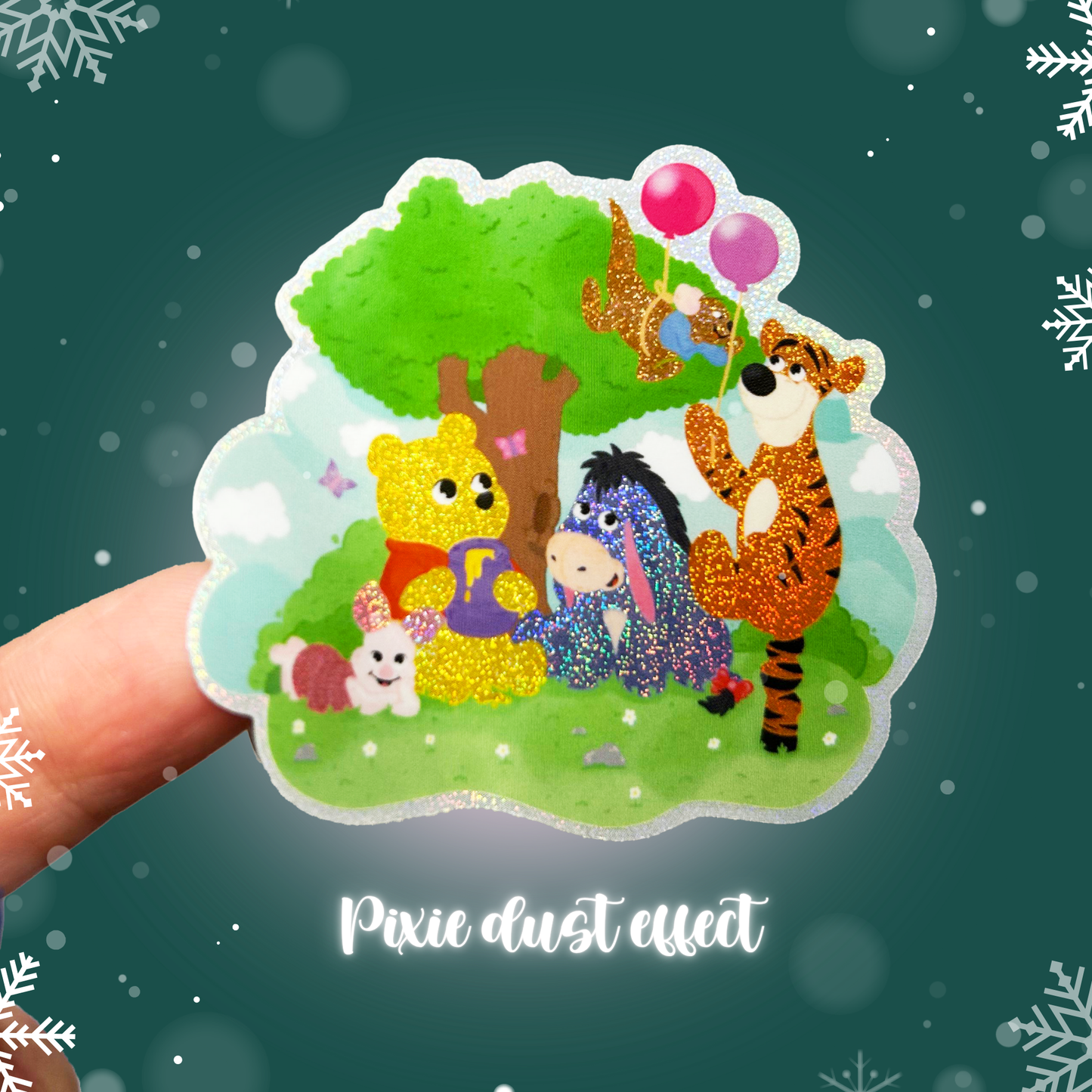 Sticker with cartoon characters on a dark green background with snowflake decorations