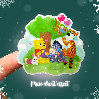 Sticker with cartoon characters on a dark green background with snowflake decorations