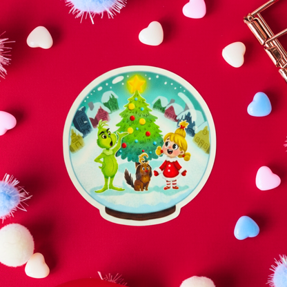 Grinch and Cindy Lou sticker size reference – glossy Christmas waterproof vinyl